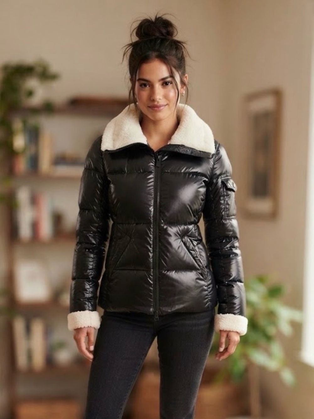 S13 Sherpa-Collar Black Puffer Jacket - Women
